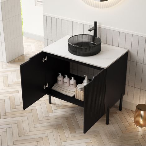 Meuble vasque sur pied 76 cm style romantique noir avec vasque ronde en verre noir transparent et 2 portes (1/5)