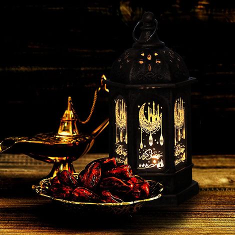Lanterne à bougie rétro Ramadan en forme de château, lanterne à bougie en forme de maison pour l'Aïd el-Fitr, lanterne hexagonale imprimée, dorée (1/5)