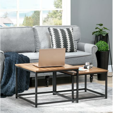 Mesa baja nido de 2 piezas estilo industrial, efecto madera natural y acero negro HAVRYA (1/5)