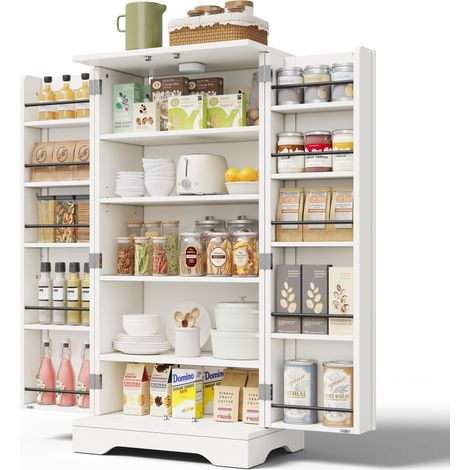 Küchenhochschrank mit 2 Türen, verstellbarem Einlegeboden und LED-Sensorlicht, für Küche, aus MDF, 120x60x40 cm, Weiß (1/5)