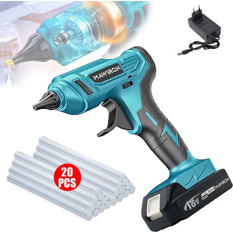 Pistola per colla, Pistola per colla a caldo elettrica senza fili da 100 W con 20 stick di colla da 11 mm, 1 batteria da 3,0 A + caricabatterie, compatibile con batteria Makita