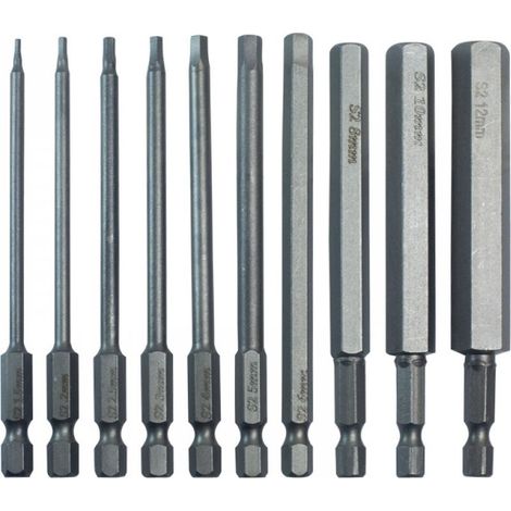 10 embouts hexagonaux, longueur 100 mm, acier allié S2, dimensions 1,5 à 12 mm, compatibles 1/4 pouce, pour espaces confinés (1/5)