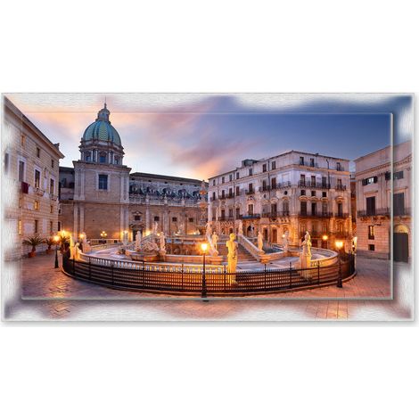 Lupia - Quadro moderno su Tela con Cornice stampata NEWEXT 75x135 cm, paesaggi localismi italiani, per casa soggiorno capezzale camera da letto hotel ufficio, PALERMO FONTANA PRETORIA (1/4)