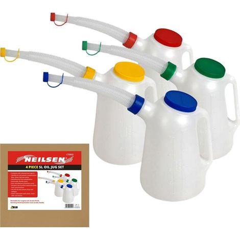 Neilsen 4pc Large Fluid Oil Measuring Plastic Jug Set 5 Liters Flexi Spout