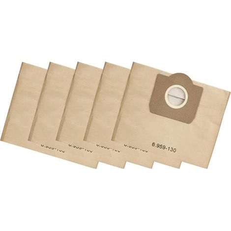 Paquete de 5 bolsas de filtro de papel 6.959-130 para aspiradoras. Compatible con los modelos A2204 y WD3300 MV3. Pieza de repuesto nueva, compatible con Kärcher. (1/4)