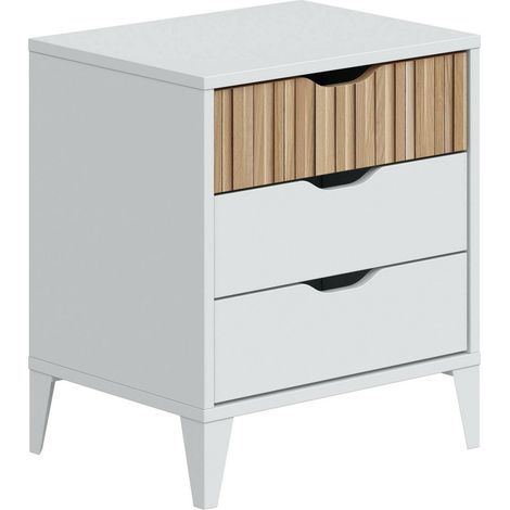 Dmora - Mesa de noche Naches, Cómoda baja, Mesilla de noche, Estante de la cama, 44x33 h50 cm, Blanco y Roble