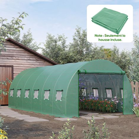 Bâche de Rechange Serre Tunnel 18 m². bâche 6 x 3 x 2 m PE Anti-UV imperméable 12 fenêtres + Porte Enroulable zippée vert