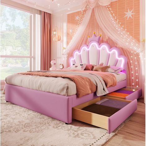 Bett 140x200 cm im Kronen-Design, rosa PU, verstellbares Kopfteil, LED-Lichtleiste, 2 Schubladen (1/5)