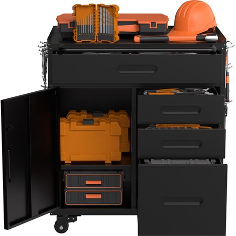 Armoire de rangement d'outils mobile – organiseur de garage avec casier verrouillable et 4 tiroirs, coffre en acier sur roulettes pour atelier et garage domestique, dimensions H 87,3 × L 75 × P 42 cm (1/5)