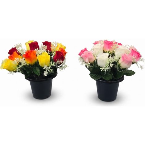 HOMESCAPES Artificial Rosebud & Mimosa Gravepot, Set of 2 Memorial Flowers