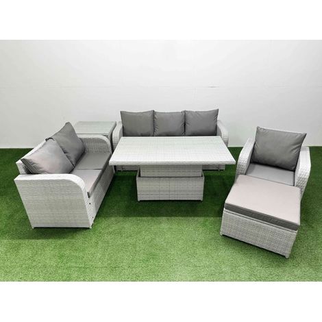 Fimous Patio PE Wicker 7 Seater Outdoor Rattan Furniture Sofa Sets with Adjustable Lifting Dining or Coffee Table Reclining Chair Loveseat Sofa 3 Seater Sofa Big Footstool Side Table Light Grey (1/5)