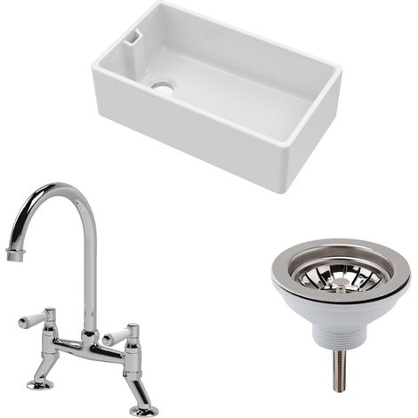 Fireclay Kitchen Bundle 1 Bowl Belfast Sink with Strainer Waste & Bridge Mixer Tap, 795mm Chrome (1/5)