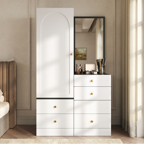 Armario tocador multifunción (90x50.5x160 cm), espejo de cuerpo entero, hocker oculto, cajones compartimentados, MDF negro y blanco (1/5)