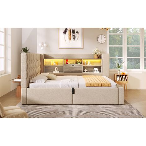 Lit 90/200 cm beige en lin avec rangement hydraulique, tête de lit réversible et éclairage LED (1/5)
