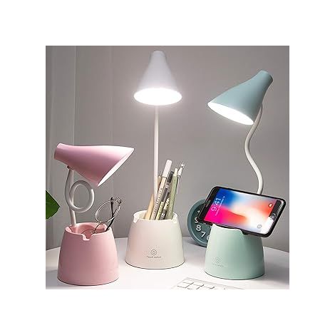 Lampe de bureau LED blanche, 3 modes d'éclairage et intensité variable en continu, bras flexible à 360° avec porte-stylo et support pour téléphone. (1/4)