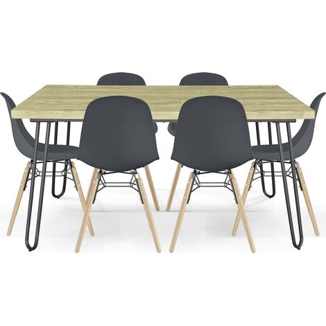Tischset Hairpin (90x150 cm) + 6 Essstühle Nordische Skögur Dunkelgrau