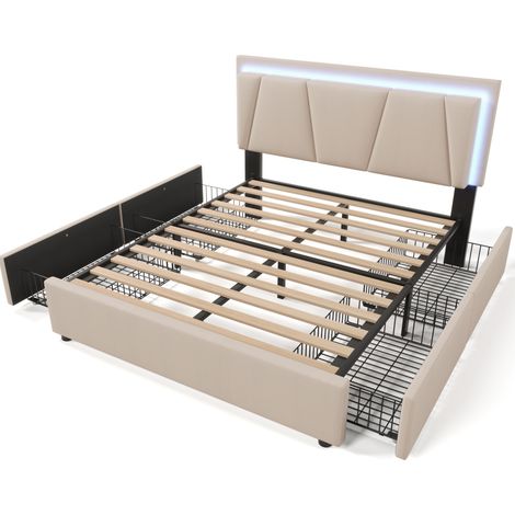 Cama canapé tapizada 140x200 cm con LED, 4 cajones y cabecero ajustable, beige, HOMVRA (1/5)