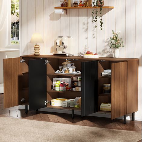 MEUBLIV Buffet 160 x 35 x 80 cm noyer et noir – 4 portes avec étagères réglables (1/5)