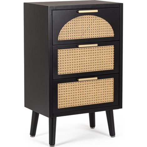 Commode noire avec 3 tiroirs en rotin 45x30x73 Josine YES (1/5)