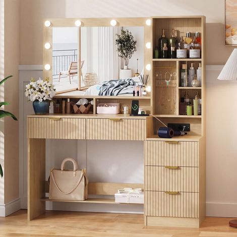 Coiffeuse avec Miroir LED Réglable, Multiprise, Table de Maquillage Moderne avec Rangements Complets, 5 Tiroirs, Étagères Ouvertes et Crochets à Bijoux (Brown) (1/5)