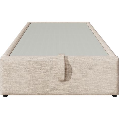 Lit rembourré simple 90×190 cm, cadre de lit de rangement avec USB-C et sommier à lattes intégral, sans tête de lit, lin, naturel (1/5)