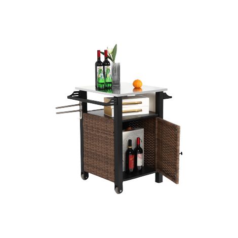 Chariot de bar à une porte, îlot de cuisine d'extérieur en osier avec roulettes et meuble de rangement, plateau extensible en acier inoxydable, poignée latérale, idéal pour une cuisine de terrasse ou (1/5)