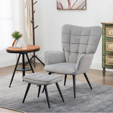 Fauteuil oreille avec pouf en tissu gris clair, dossier haut et pieds en métal, fauteuil de salon confortable, charge 120 kg, pour séjour ou bureau  CHICFURN (1/5)