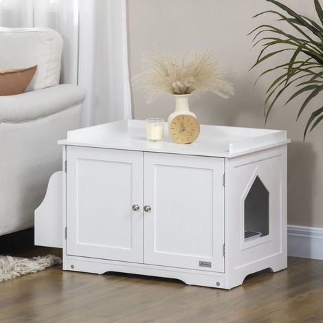 Meuble litière chat 86x48x52 cm en bois blanc, avec rangement pour salon FloraGrace (1/5)