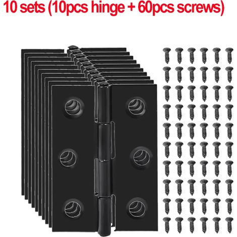 (10 jeux) Charnières de porte noires, charnières à paumelle en acier inoxydable avec vis, charnières pour meubles et tiroirs, plaque de montage, supports de fixation plats (1/5)