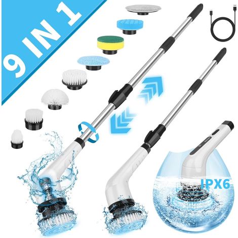 TRADE SHOP - Spazzola Rotante Elettrica Multifunzione 9in1 Ricaricabile Senza Fili Manico Estensibile - (1/5)
