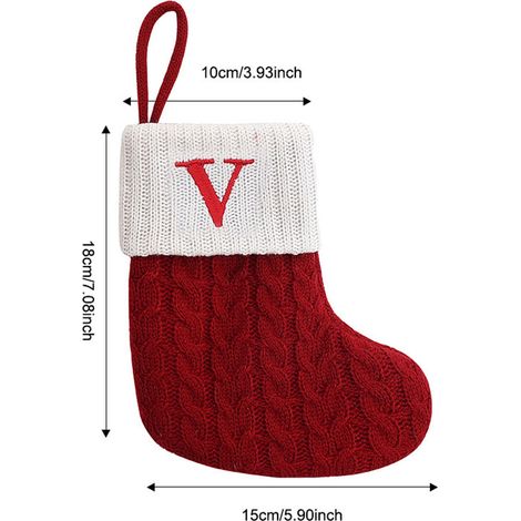 Sac cadeau de Noël brodé V, chaussette classique en polyester tricoté avec cordelette pour sapin - Rouge (1/5)