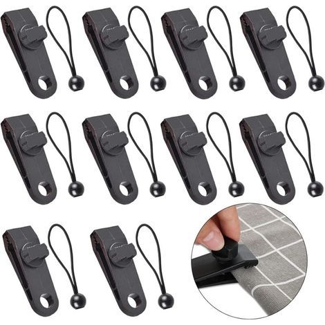 Lot de 10 pinces multifonctionnelles pour bâches, fixations pour tentes et bâches avec cordon élastique noir, idéales pour les auvents, le camping et les couvertures de caravanes. (1/4)