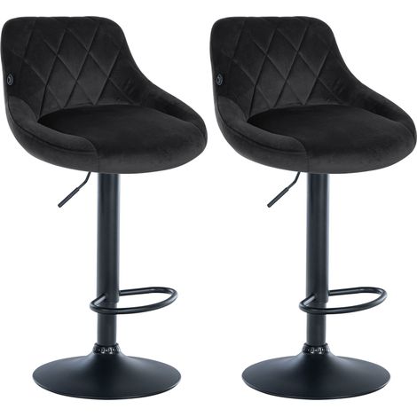 Juego de 2 taburetes de bar con costuras decorativas de rombos, asiento de terciopelo negro y estructura de metal negro TDB10780