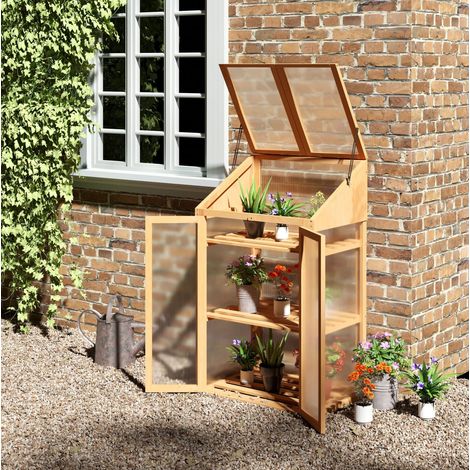 Mini-Gewächshaus aus Holz 70 x 50 x 120 cm mit 3 Regalböden, braun HAVRYA (1/5)