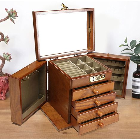 5 Schichten+2 Ausklappbare Schmuckschrank Schatulle Aus Holz GroßE SchmuckkäStchen Schmuckkasten Schmuck AbschließBare Koffer Schaukasten Vitrine Lade Schmuckbox Gift Antike Mit Zahlenschloss Spiegel (1/5)