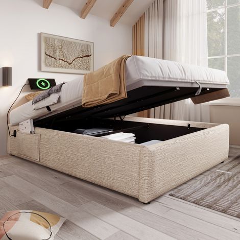 Lit coffre 160x200 cm en lin, métal et bois, naturel, USB-C, gain de place pour chambre – MEUBLIV (1/5)