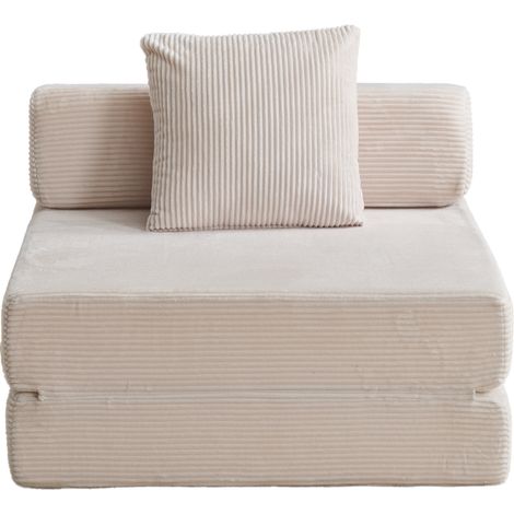 Sofá cama plegable individual de suelo en pana acanalada blanca (1/5)