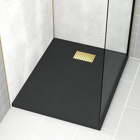 Piatto Doccia Nero Effetto Pietra 80x100 cm e Griglia motivo Perforato Oro Spazzolato