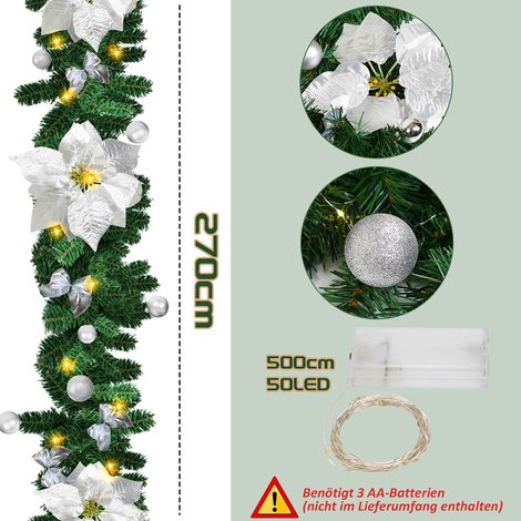 Randaco Ghirlanda di Natale Ghirlanda di abete Decorazione natalizia per interni ed esterni Ghirlanda artistica 2,7 m 50 LED con argento decorativo