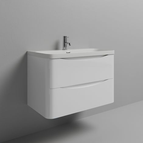 Vela Gloss White 800mm Wall Mounted 2 Drawer Vanity Unit with Fina Basin