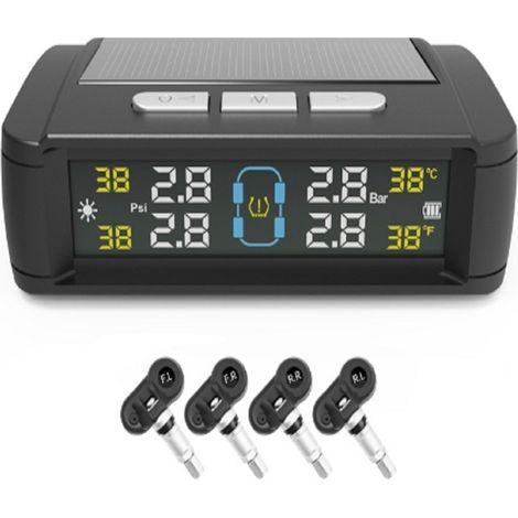 Solarbetriebenes Reifendruckkontrollsystem (TPMS) mit 5 Alarmmodi, automatischer Hintergrundbeleuchtung des LCD-Bildschirms, 4 Sensoren (0–67 PSI) und drahtlosem automatischem Alarmsystem (1/5)