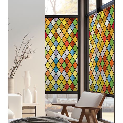 Stickers décoratifs électrostatique, vitrail arlequin effet verre vitrail 3D, très coloré et raccordable, 150 cm X 67,5 cm (1/5)