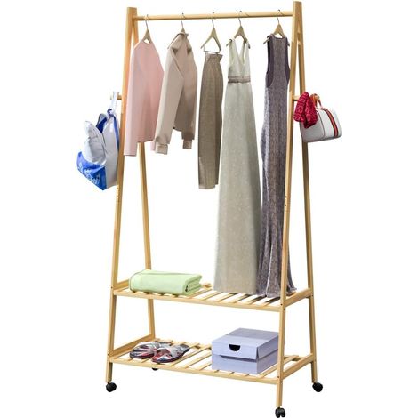 Portant à vêtements en bambou mobile avec roulettes à frein, 2 étagères et 4 crochets, charge max 50kg, porte-manteau autoportant 155x70x45cm, style minimaliste pour entrée chambre (1/5)