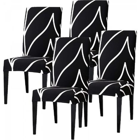 Lot de 4 Housse de Chaise de Salle à Manger Extensible Couverture de Chaise Univers Revêtement de Chaise Antidérapant pour Maison Hôtel Décor de Restaurant Noir Courbe (1/5)