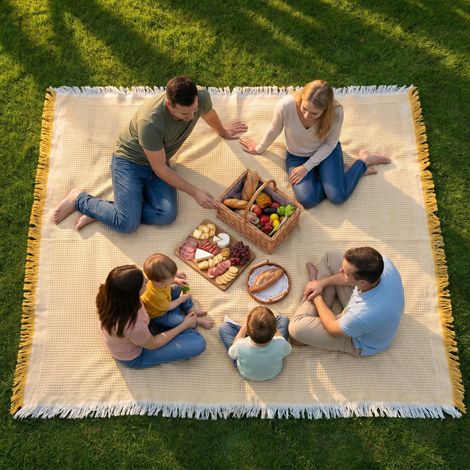 Couverture de pique-nique extra large 177,8 x 177,8 cm pour 5 à 7 adultes. Idéale pour camping, pelouse, parc et plage. Cadeau original pour couples et mariage. Couleur jaune. (1/4)