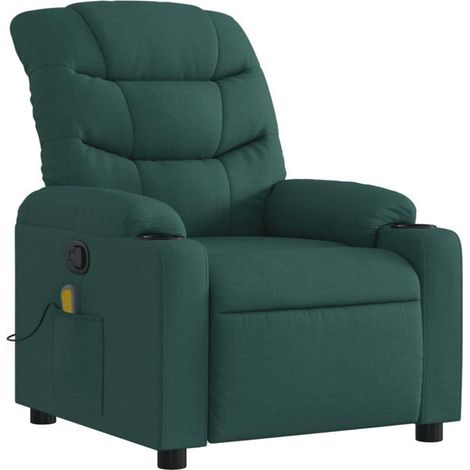 Fauteuil relax massant inclinable avec porte-gobelets et poche latérale, tissu vert foncé (1/5)