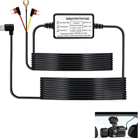 Dash Cam Hardwire Kit USB C, Kit de Câblage Dashcam, Câble Hardwire Voiture 12V-24V vers 5V 2.5A avec ACC BATT GND, Protection Basse Tension, Cordon d’Alimentation Caché 3,5 m pour Caméra Tableau Bord (1/5)