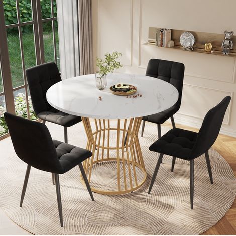 Mesa de comedor redonda 100 cm, efecto mármol blanco, estructura metálica, blanco y dorado DESVIAE (1/5)