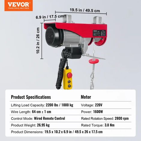 Manuzen - Palan électrique à câble – 2 200 lb – environ 1 000 kg