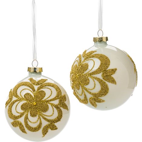 Pallina in vetro colore bianco con fiore per albero di Natale -Ø 12 cm set da 2 pezzi (1/2)